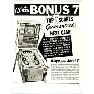 Bally Bonus 7 Pinball Machine Arcade Flyer Bingo Shoot 7 Original Vintage Game